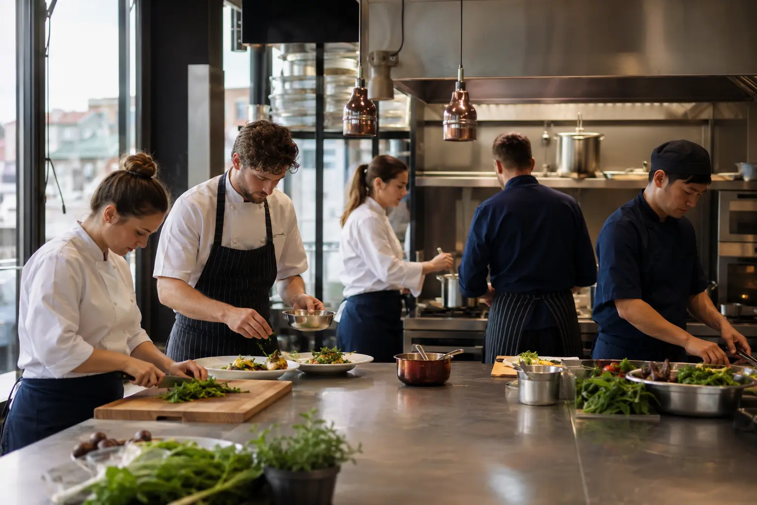 Zespół gastronomiczny przygotowuje serwis w profesjonalnej kuchni