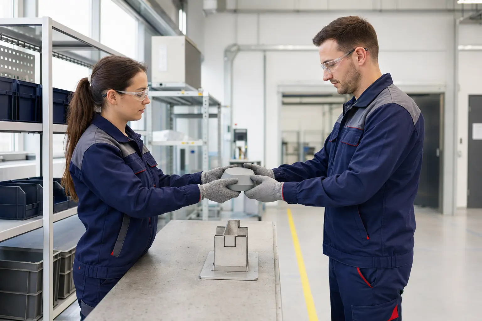 Operatorzy współpracują przy bezpiecznym stanowisku produkcyjnym