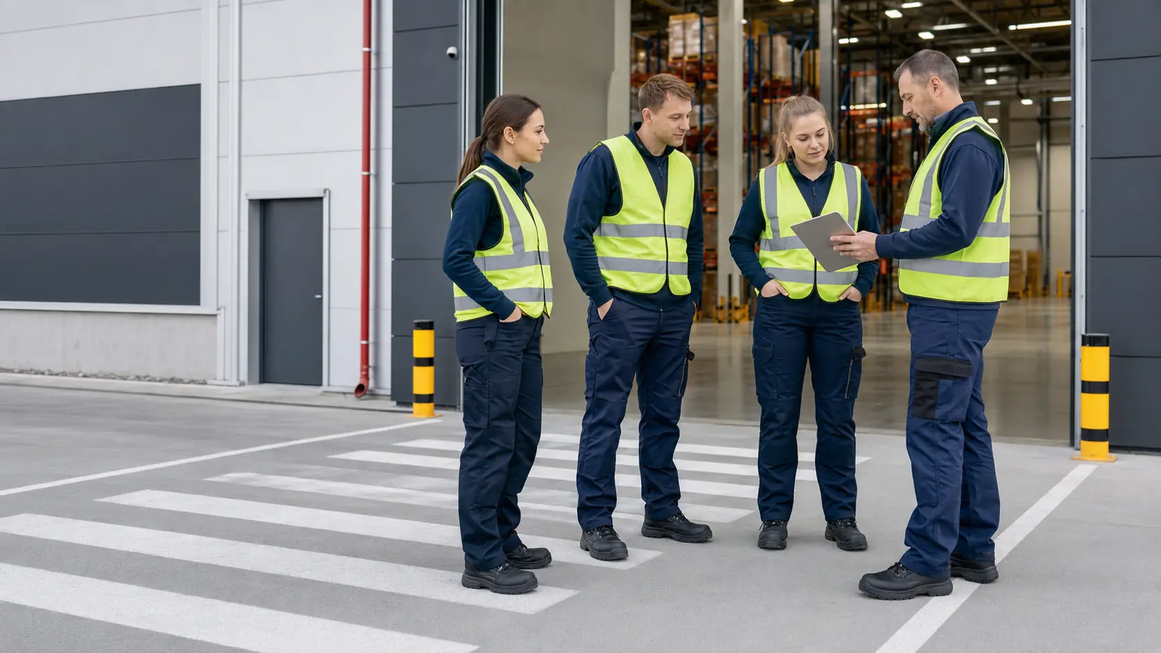 Brygadzista prowadzi odprawę trzech pracowników tymczasowych przed zmianą